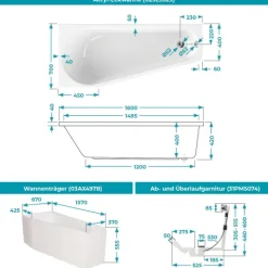 Calmwaters® Raumsparende Eckbadewanne 160x70 cm, Set mit Acrylwanne Essential Small, Wannenträger, Ab- und Überlaufgarnitur, platzsparende Badewanne rechter Ausführung, 160 x 70 cm, Weiß, 99000328
