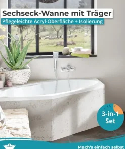 Calmwaters® Sechseck Badewanne Komplettset 190x90 cm mit Wannenträger & Ablaufgarnitur, Acrylwanne Exclusive, Duo-Badewanne für 2, Set Badewanne komplett, 6 Eck Badewanne 190 x 90, Weiß, 99000014