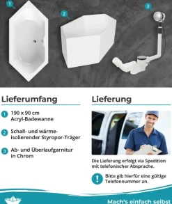 Calmwaters® Sechseck Badewanne Komplettset 190x90 cm mit Wannenträger & Ablaufgarnitur, Acrylwanne Exclusive, Duo-Badewanne für 2, Set Badewanne komplett, 6 Eck Badewanne 190 x 90, Weiß, 99000014