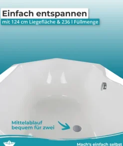 Calmwaters® Sechseck Badewanne Komplettset 190x90 cm mit Wannenträger & Ablaufgarnitur, Acrylwanne Exclusive, Duo-Badewanne für 2, Set Badewanne komplett, 6 Eck Badewanne 190 x 90, Weiß, 99000014