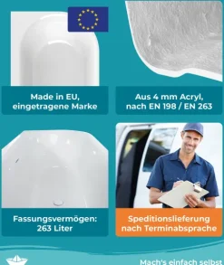 Calmwaters Vorwand-Badewanne 180x80 cm Komplettset Seamless Comfort, fugenloses Design, vormontiert mit Schürze & Ablaufgarnitur, Made in EU, Acryl, 02SL6220