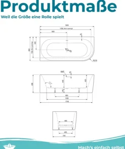 Calmwaters® Vorwand-Badewanne 180x80 cm Komplettset Seamless Comfort, fugenloses Design, vormontiert mit Schürze & Ablaufgarnitur, rechte Ausführung, Made in EU, Acryl, 02SL6222