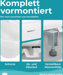 Calmwaters® Vorwand-Badewanne 180x80 cm Komplettset Seamless Comfort, fugenloses Design, vormontiert mit Schürze & Ablaufgarnitur, rechte Ausführung, Made in EU, Acryl, 02SL6222