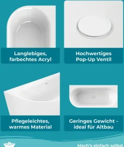 Calmwaters® Vorwand-Badewanne 160x75 cm Komplettset Seamless Comfort, fugenloses Design, vormontiert mit Schürze & Ablaufgarnitur, linke Ausführung, Made in EU, Acryl, 02SL6225