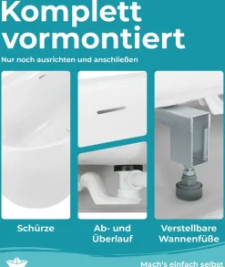 Calmwaters® Vorwand-Badewanne 160x75 cm Komplettset Seamless Comfort, fugenloses Design, vormontiert mit Schürze & Ablaufgarnitur, linke Ausführung, Made in EU, Acryl, 02SL6225