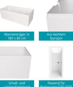 Calmwaters® Wannenträger 180 x 80 cm Modern Select, Passend für Rechteck-Badewanne 180x80 cm, Styroporträger, Schall- und wärmedämmend, Direkt verfliesbar, Badewannenträger in Weiß, 03AX3361