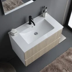 80cm Badmöbel-Set, geriffelt, weiß und eiche Ausführung | Bilbao