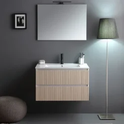 80cm Badmöbel-Set, geriffelt, weiß und eiche Ausführung | Bilbao