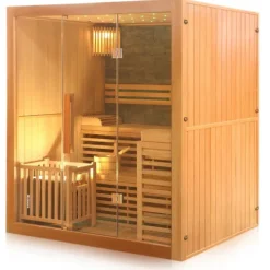 Dewello® Finnische Traditionelle Sauna SARNIA PLUS 180cm x 140cm inkl. 6 KW Harvia Ofen, inkl. Aufguss-Set, Sanduhr, Thermometer