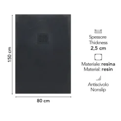 Duschwanne aus Harz 150x80 h 2,5cm anthrazitgrau komplett mit Abdeckgitter aus Stahl | Muse