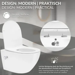 ECD Germany Spülrandloses Wand Hänge Dusch WC Weiß lang aus Keramik mit Bidet-Funktion, Wand WC mit WC-Sitz Soft-Close Absenkautomatik Toilettensitz Duroplast abnehmbar, Tiefspüler WC Hänge Toilette