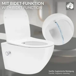 ECD Germany Spülrandloses Wand Hänge Dusch WC Weiß lang aus Keramik mit Bidet-Funktion, Wand WC mit WC-Sitz Soft-Close Absenkautomatik Toilettensitz Duroplast abnehmbar, Tiefspüler WC Hänge Toilette
