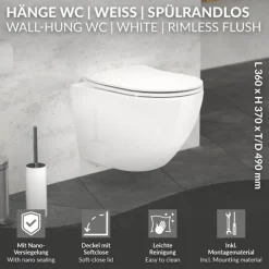 ECD Germany Spülrandloses Hänge WC kurz 49 cm Weiß glänzend mit Nano Beschichtung, Wand-WC, Toilette mit abnehmbaren WC-Sitz aus Duroplast Softclose Absenkautomatik, Tiefspüler WC Keramik Lotus Effekt