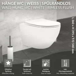 ECD Germany Spülrandloses Hänge WC weiß matt mit WC-Sitz abnehmbar aus Duroplast Softclose Absenkautomatik, Wand-WC Tiefspüler verlängerte Ausladung 54 cm, Design Toilette Sanitärkeramik, Tiefspül-WC