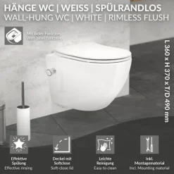 ECD Germany Spülrandloses Wand Hänge Dusch WC Weiß kurz aus Keramik mit Bidet-Funktion, Wand WC mit WC-Sitz Soft-Close Absenkautomatik Toilettensitz Duroplast abnehmbar, Tiefspüler WC Hänge Toilette