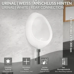 ECD Germany Urinal Weiß Zulauf von hinten, Hochwertige Keramik Pinkelbecken, Modernes Design Pissoir, 35x46x30 cm, oval, Spülrand geschlossen, Senkrechter Ablauf, WC-Urinal Absaugeurinal Urinalbecken