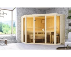 Elementsauna Karibu Armira 2 ohne Ofen und Dachkranz mit Ganzglasfensterfront