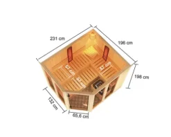 Elementsauna Karibu Avara inkl. 9 kW Bio Ofen u.ext.Steuerung ohne Dachkranz mit bronzierter Ganzglastüre
