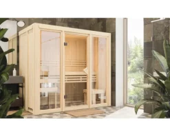 Elementsauna Karibu Avarni 2 inkl. 3,6 kW Bio Ofen u.ext.Steuerung ohne Dachkranz mit bronzierter Ganzglastüre