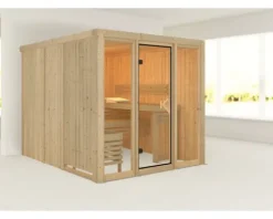 Elementsauna Karibu Laskaja ohne Ofen und Dachkranz mit bronzierter Ganzglastür
