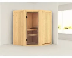 Elementsauna Karibu Maurin ohne Ofen und Dachkranz mit Ganzglastüre aus Klarglas