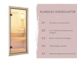 Elementsauna Karibu Petalit ohne Ofen und Dachkranz mit Ganzglastüre aus Klarglas