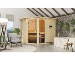 Elementsauna Karibu Siona 3 inkl. 9 kW Ofen u.ext.Steuerung mit Dachkranz und bronzierter Ganzglastüre