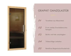 Elementsauna Karibu Malina ohne Ofen und Dachkranz mit graphitfarbiger Ganzglastüre