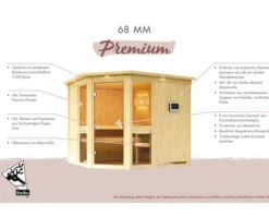 Elementsauna Karibu Omelia 3 inkl. 9 kW Ofen u.ext.Steuerung mit Dachkranz und bronzierter Ganzglastüre