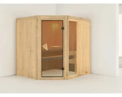 Elementsauna Karibu Siona 2 ohne Ofen und Dachkranz mit bronzierter Ganzglastüre