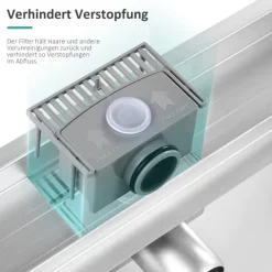 EMKE Duschrinne 70 cm, gebürsteter Edelstahl, Komplettset mit Geruchsverschluss und Haarsieb, befliesbarer Bodenablauf, doppelseitiger Randablauf, korrosionsbeständig, für Badezimmer