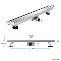EMKE Duschrinne Edelstahl 80cm Komplettset Befliesbar Bodenablauf Dusche Siphon mit Geruchsstop und Haarsieb Randablauf, Duschablauf Ablaufrinne Dusche Doppelseitige Duschabfluss