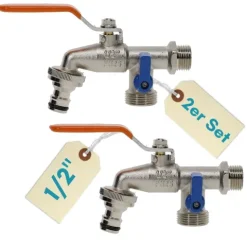 2er Set Garten Wasserhahn Kugelhahn 1/2 Doppelanschluss Außen 1/2 Zoll Doppel Wasserhahn Außenwasserhahn Doppelwasserhahn mit Schlauchanschluss