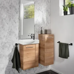 Fackelmann MILANO Gäste-WC Set 2 Teile – Waschtischunterschrank in Holz Braun mit Waschbecken aus Keramik – SBC Waschbeckenunterschrank schmal – Türanschlag links – Hahnloch rechts – 45 cm breit