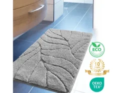 FLOORDIREKT Badematte Maris - Flauschiger Badvorleger mit Blattstruktur - Silber - 50 x 80 cm