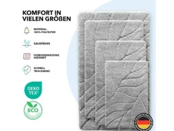 FLOORDIREKT Badematte Maris - Flauschiger Badvorleger mit Blattstruktur - Silber - 50 x 80 cm