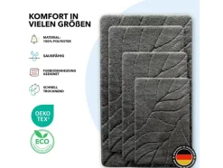 FLOORDIREKT Badematte Maris - Flauschiger Badvorleger mit Blattstruktur - Dunkelgrau - 60 x 120 cm