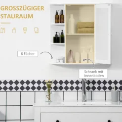 HOMCOM Spiegelschrank, Badezimmerschrank mit Spiegeltür, mit offenen Regalböden, Hängeschrank Wandschrank, Weiß, 66 x 17 x 63 cm