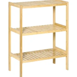 HOMCOM Badregal Standregal mit 3 Ebenen, Bambusregal, Küchenregal, für Bad, Küche, Wohnzimmer, Flur, Natur, 62 x 33 x 80 cm