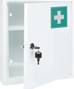 JUNG Tarmo Medizinschrank, abschließbar, groß 32x36 cm, Medikamentenschrank aus Metall, Weiß, Hausapotheke Box mit Erste-Hilfe Kennzeichnung gemäß DIN 4844/E003