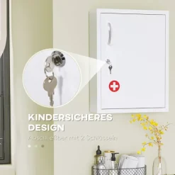 kleankin Medizinschrank, Apothekerschrank mit 3 Fächern, Abschließbarer Medikamentenschrank für Wandmontage, Erste Hilfe Schrank, Arzneischrank mit 2 Schlüsseln, Stahl, Weiß, 40 x 15 x 53,5 cm