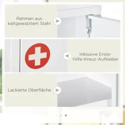 kleankin Medizinschrank, Apothekerschrank mit 3 Fächern, Abschließbarer Medikamentenschrank für Wandmontage, Erste Hilfe Schrank, Arzneischrank mit 2 Schlüsseln, Stahl, Weiß, 40 x 15 x 53,5 cm