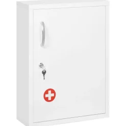 kleankin Medizinschrank, Apothekerschrank mit 3 Fächern, Abschließbarer Medikamentenschrank für Wandmontage, Erste Hilfe Schrank, Arzneischrank mit 2 Schlüsseln, Stahl, Weiß, 40 x 15 x 53,5 cm