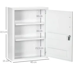 kleankin Medizinschrank, Apothekerschrank mit 3 Fächern, Abschließbarer Medikamentenschrank für Wandmontage, Erste Hilfe Schrank, Arzneischrank mit 2 Schlüsseln, Stahl, Weiß, 40 x 15 x 53,5 cm