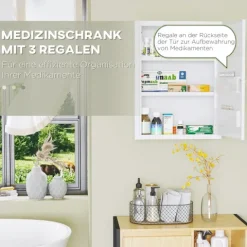 kleankin Medizinschrank, Apothekerschrank mit 3 Fächern, Abschließbarer Medikamentenschrank für Wandmontage, Erste Hilfe Schrank, Arzneischrank mit 2 Schlüsseln, Stahl, Weiß, 40 x 15 x 53,5 cm