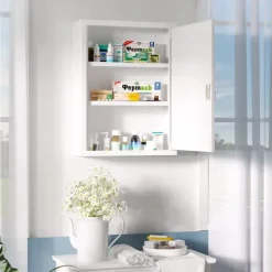 kleankin Medizinschrank, Apothekerschrank mit 3 Fächern, Medikamentenschrank, Abschließbarer Erste Hilfe Schrank mit 2 Schlüsseln, Stahl, Weiß, 40 x 15 x 53,5 cm
