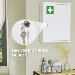 kleankin Medizinschrank, Apothekerschrank mit 3 Fächern, Medikamentenschrank, Abschließbarer Erste Hilfe Schrank mit 2 Schlüsseln, Stahl, Weiß, 40 x 15 x 53,5 cm