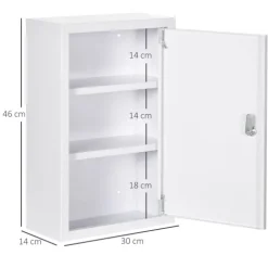 kleankin Medizinschrank, Apothekerschrank mit 3 Fächern, Medikamentenschrank, Abschließbarer Erste Hilfe Schrank mit 2 Schlüsseln, Stahl, Weiß, 30 x 14 x 46 cm