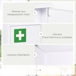kleankin Medizinschrank, Apothekerschrank mit 3 Fächern, Medikamentenschrank, Abschließbarer Erste Hilfe Schrank mit 2 Schlüsseln, Stahl, Weiß, 30 x 14 x 46 cm