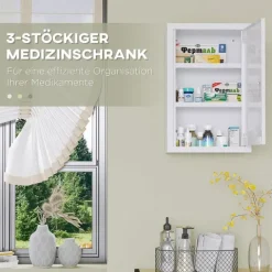 kleankin Medizinschrank, Apothekerschrank mit 3 Schichten, Abschließbarer Arzneischrank, Medikamentenschrank mit 2 Schlüsseln, Wand-Medizinbox, Stahl, Weiß, 30 x 14 x 46 cm
